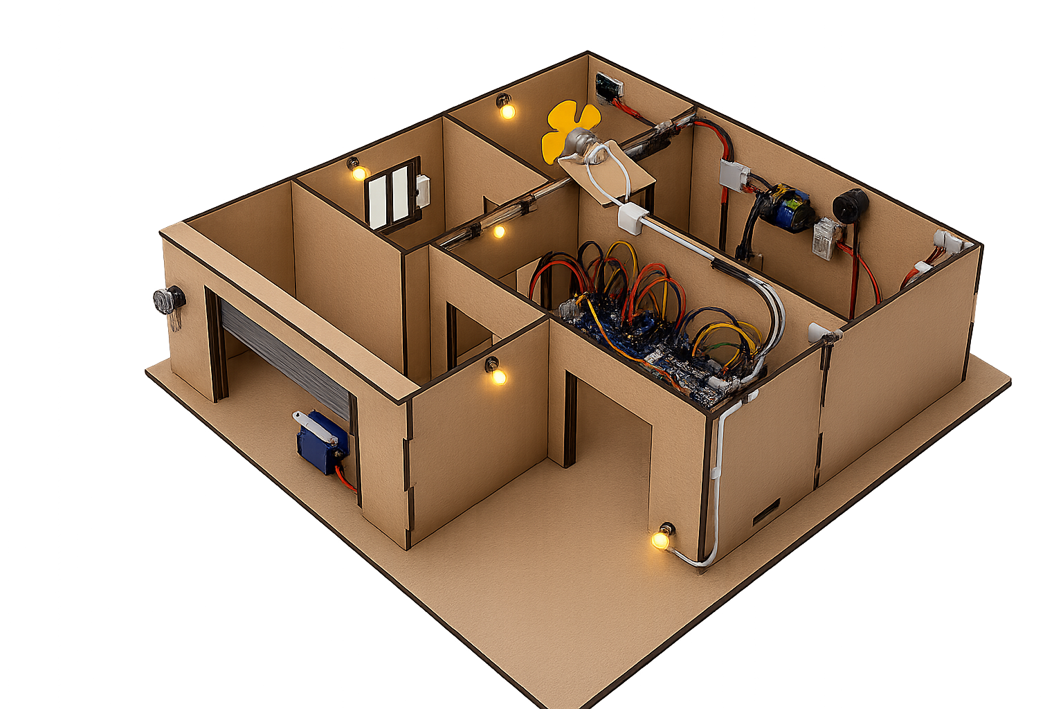 Prototipo de casa inteligente en cartón con Arduino, luces LED, servo y ventilador
