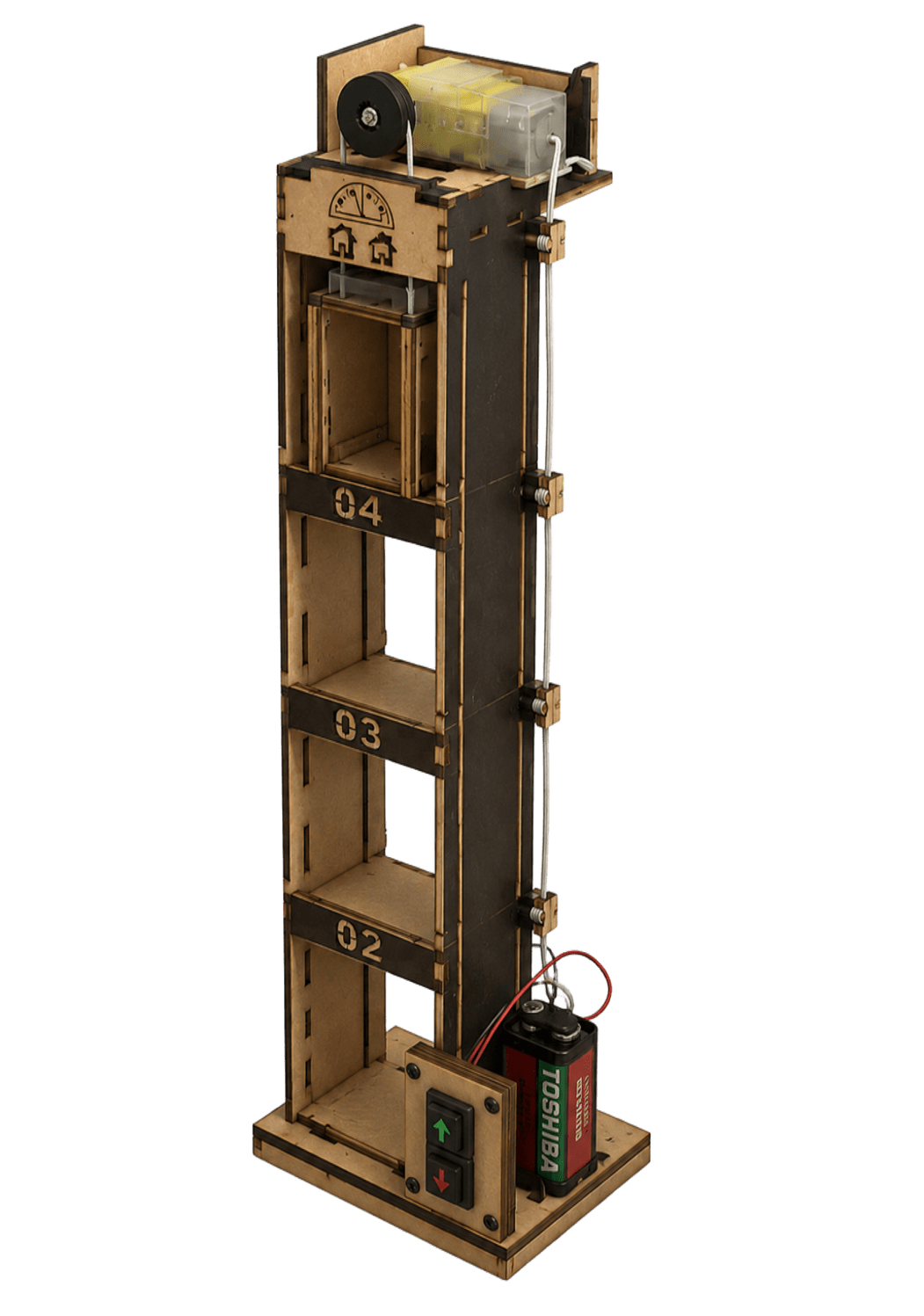 Prototipo de elevador en madera con motor, polea y botones de control